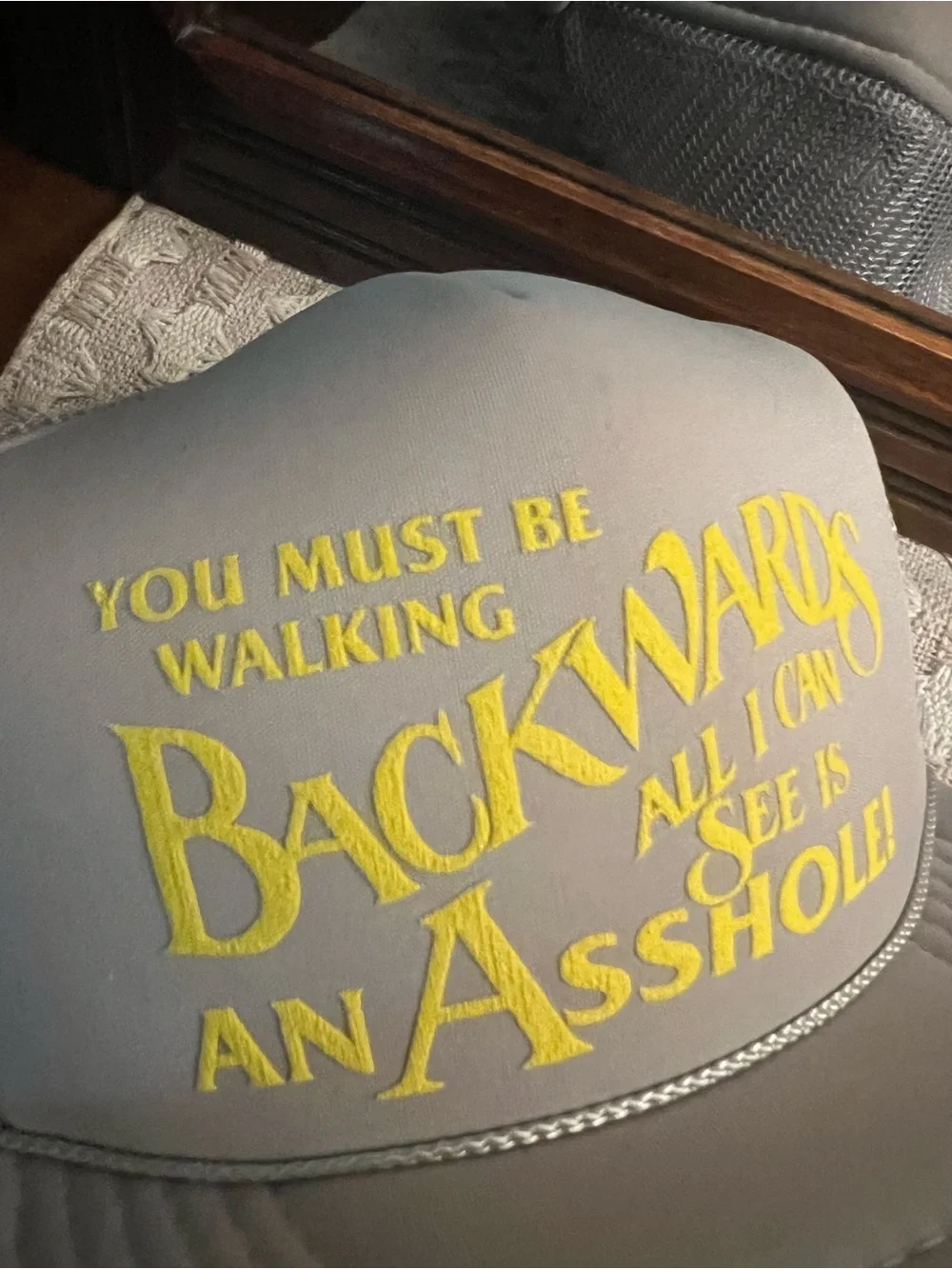 NO BRAND Vintage You Must Be Walking Backwards Snapback Trucker‎ Hat Grey Yellow